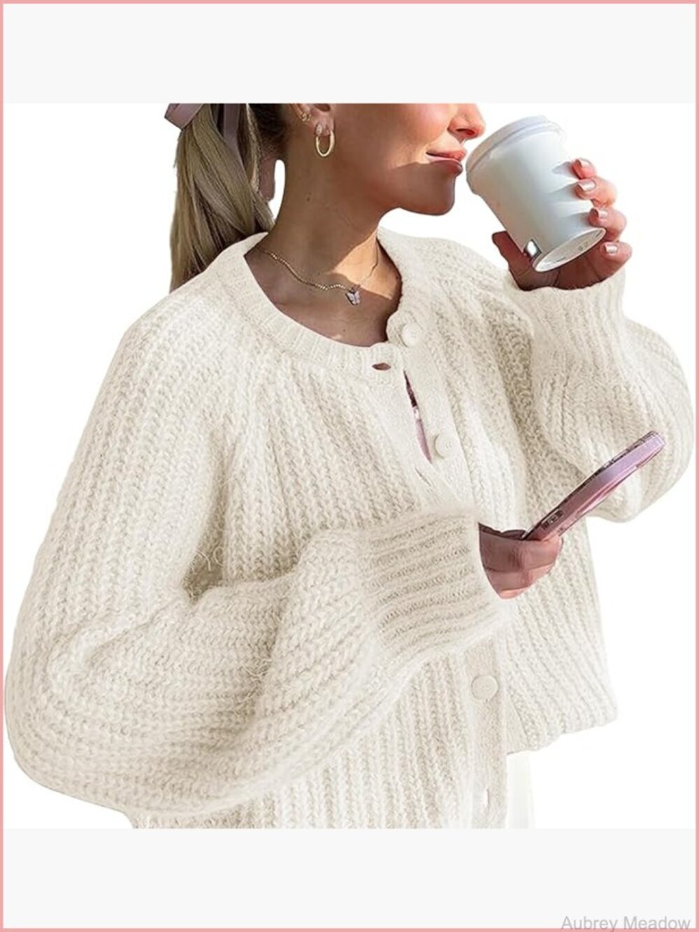 Crochet Cardigan Sweater Chunky Knit Crew Neck Long Sleeve Button Down Jacket